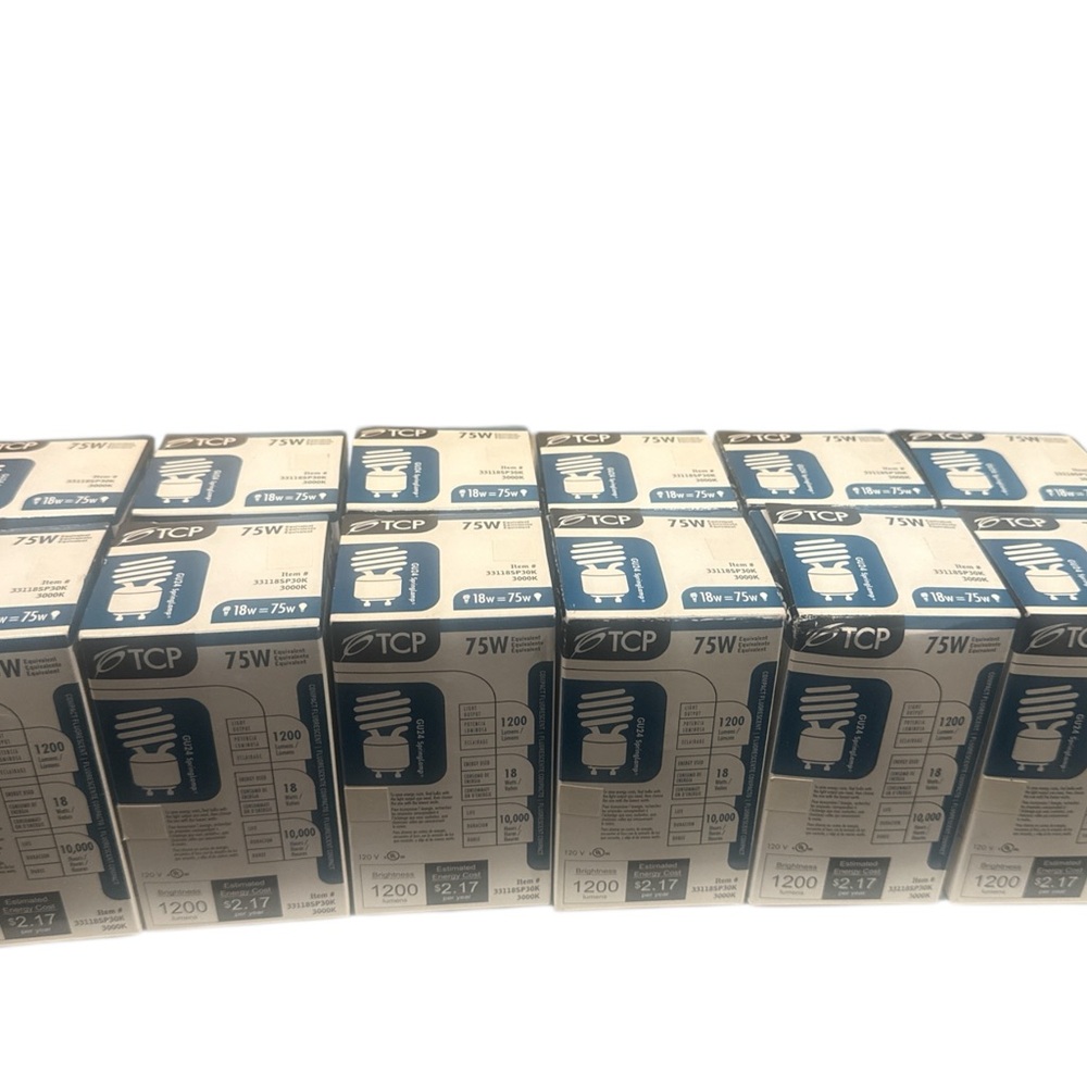 Brand new TCP compact fluorescent spiral bulbs in original boxes.